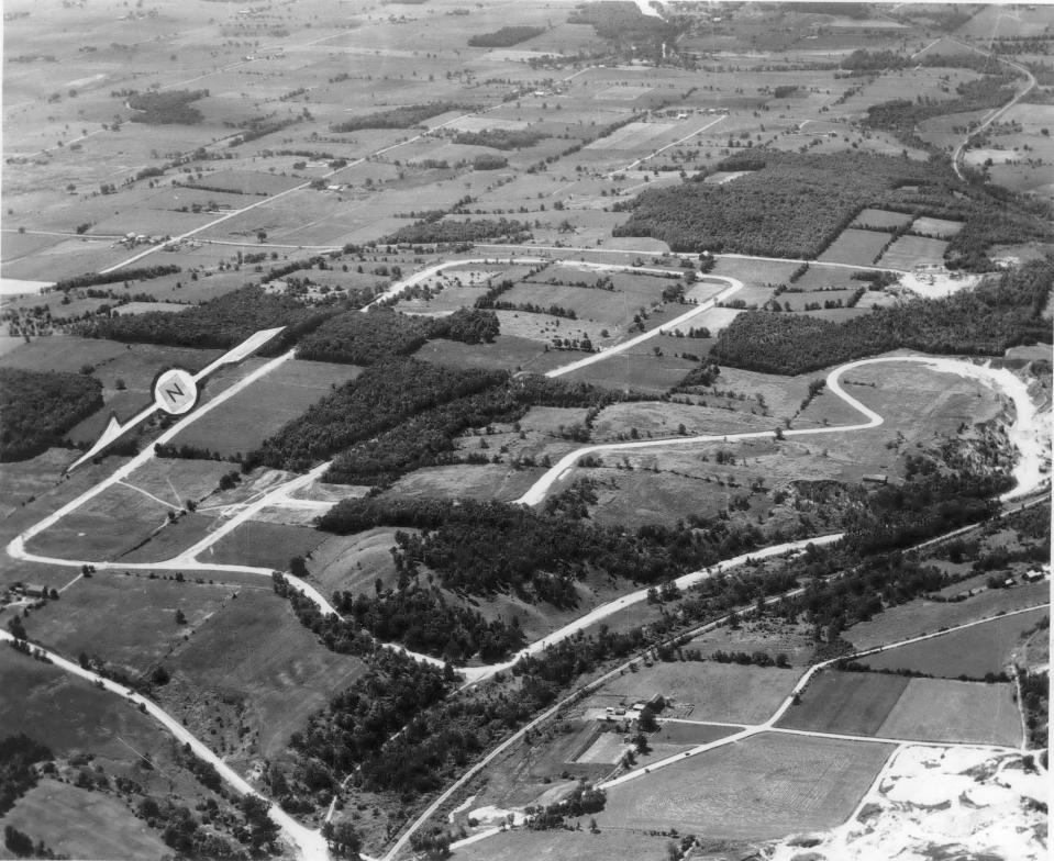 Road America is seen from the air in 1955, looking to the southeast, in its final stages of grading before being paved.