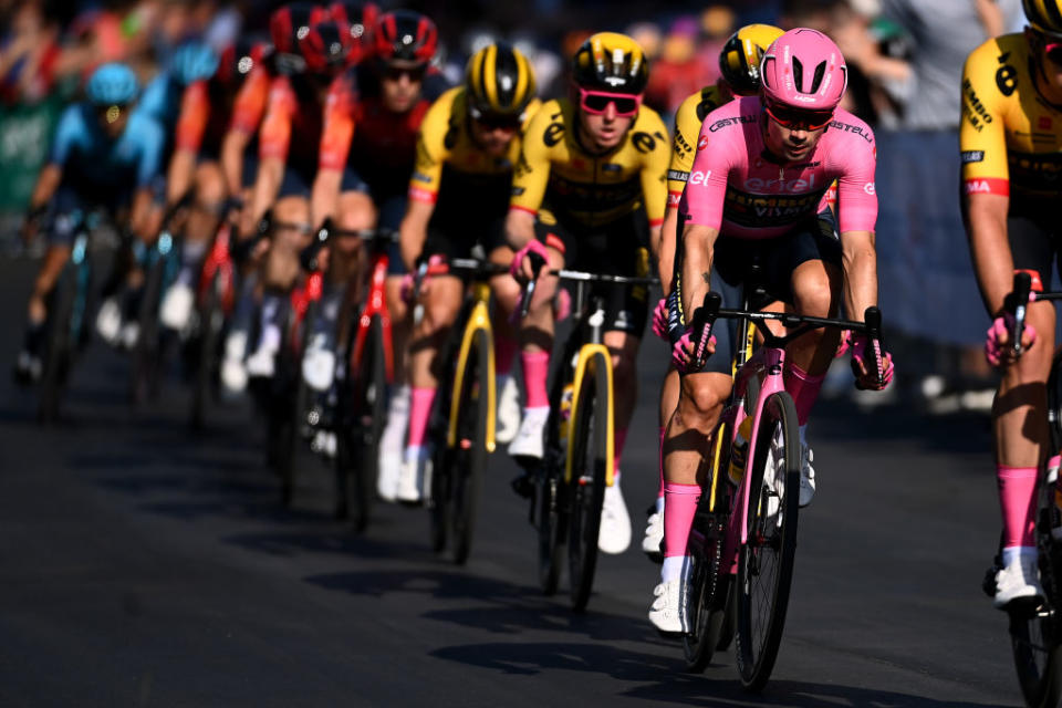 ROME ITALY  MAY 28 Primo Rogli of Slovenia and Team JumboVisma  Pink Leader Jersey with teammates compete during the 106th Giro dItalia 2023 Stage 21 a 126km stage from Rome to Rome  UCIWT  on May 28 2023 in Rome Italy Photo by Tim de WaeleGetty Images