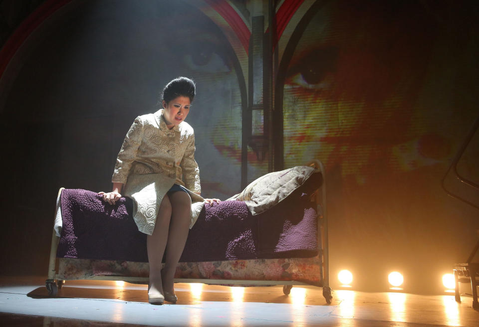 This undated theater image released by The Public Theater shows Ruthie Ann Miles during a performance of "Here Lies Love," in New York. (AP Photo/The Public Theater, Joan Marcus)