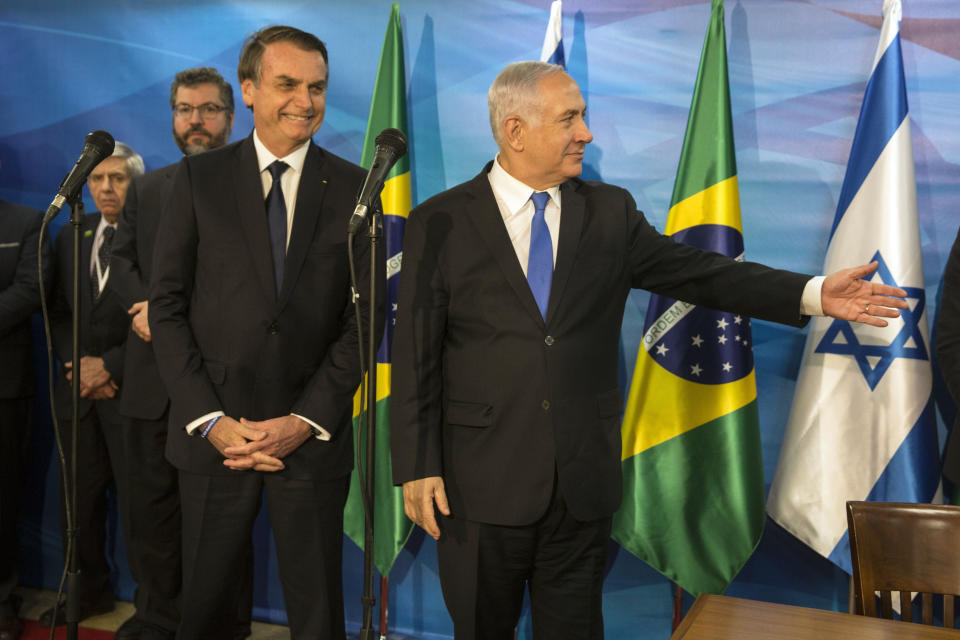 Israeli Prime Minister Benjamin Netanyahu and Brazilian President Jair Bolsonaro meet at the prime minister's office in Jerusalem, Sunday, March 31, 2019. (Heidi Levine/Pool Photo via AP)