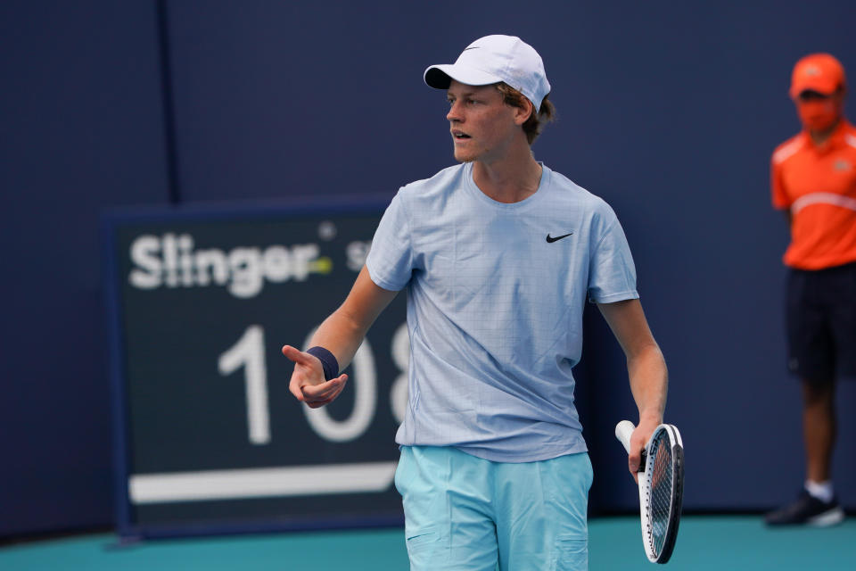 Jannik Sinner reacts during the mens finals match of the Miami Open on April 4, 2021, at Hard Rock Stadium in Miami Gardens, Florida.