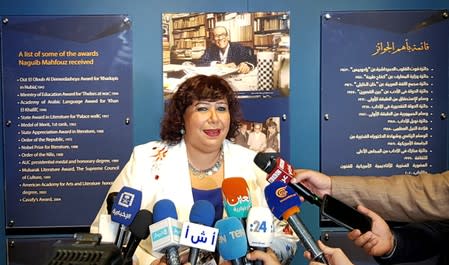 Egypt's Minister of Culture Enas Abdel-Dayem speaks to the media at the opening ceremony of late author Naguib Mahfouz museum in Cairo