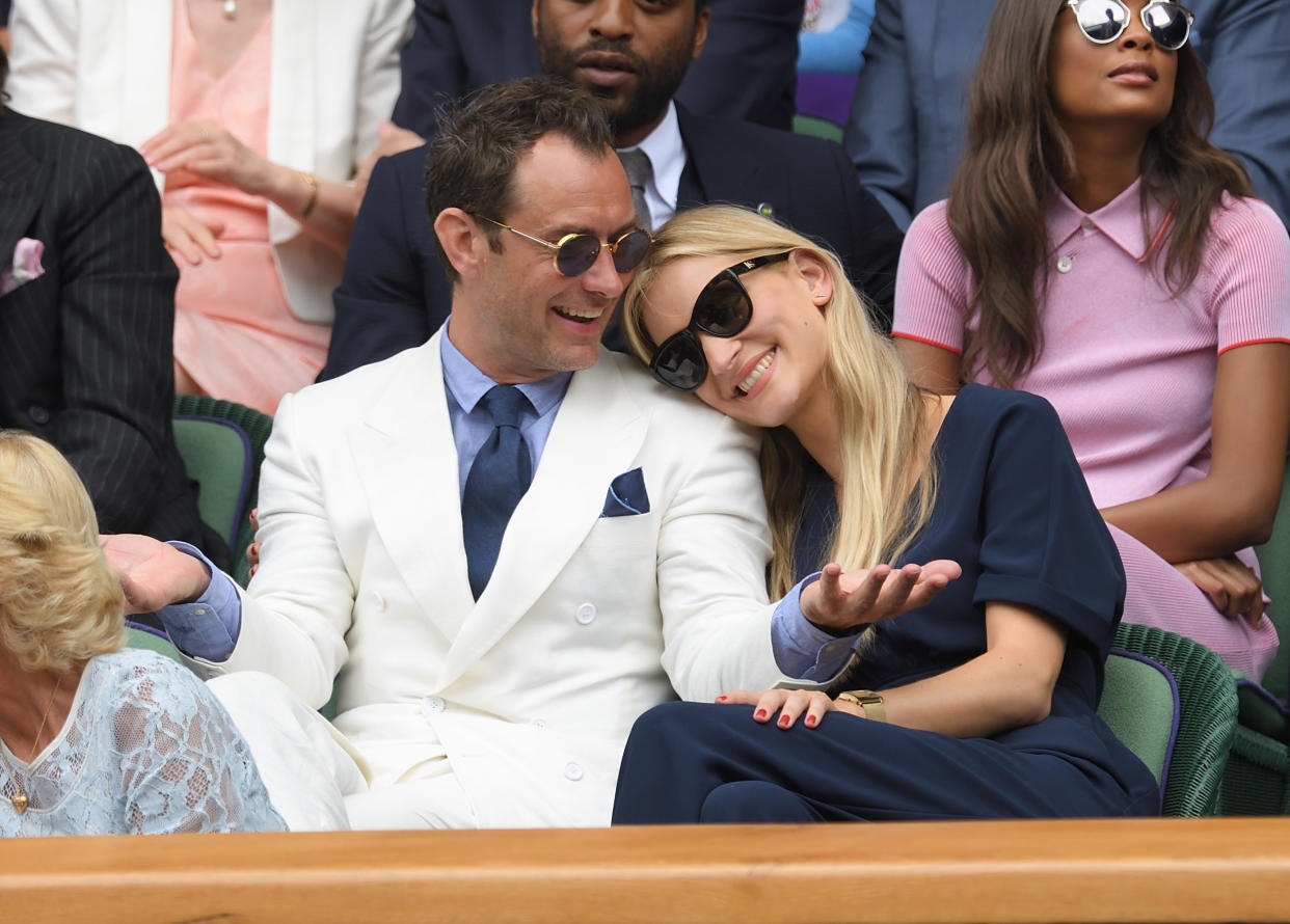 LONDON, ENGLAND - JULY 08:  Jude Law and Phillipa Coan attend day eleven of the Wimbledon Tennis Championships at Wimbledon on July 08, 2016 in London, England.  (Photo by Karwai Tang/WireImage)