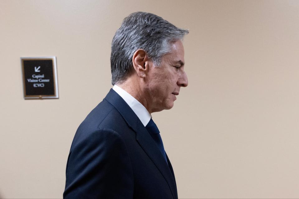 A dejected US Secretary of State Anthony Blinken leaves Capitol Hill after the Senate voted down additional funding to Ukraine (EPA)