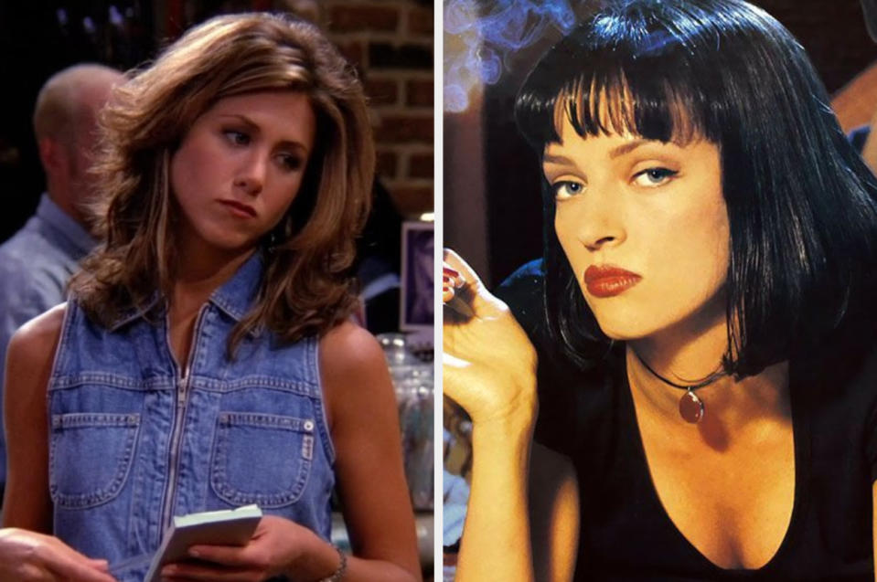 Side-by-side of Rachel from "Friends" and Mia from "Pulp Fiction"