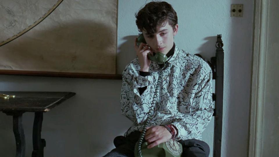 Timothee Chalamet on the phone at the end of Call Me By Your Name