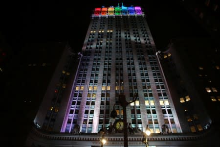 The Helmsley Building is lit in rainbow color ahead of the 50th anniversary of the Stonewall riot, in New York