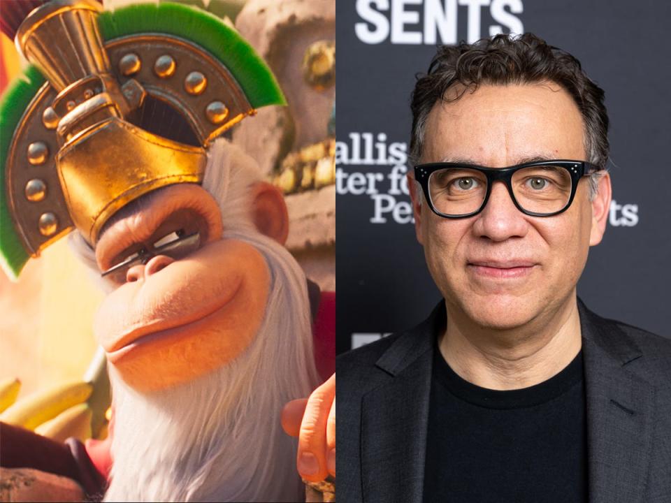 On the left: Cranky Kong in "The Super Mario Bros. Movie." On the right: Fred Armisen in February 2023.