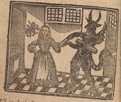 An illustration of a girl being pricked by the devil with a pin.