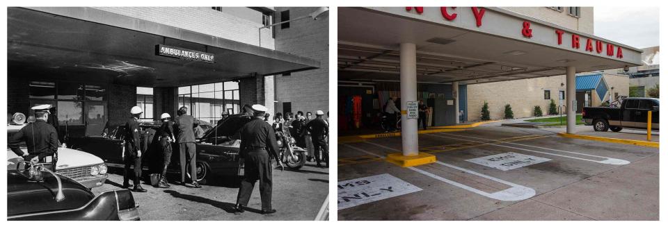 A combination picture shows Secret Service agents and police examining U.S. President John F. Kennedy's presidential limousine outside Parkland Memorial Hospital in Dallas on November 22, 1963 and the same site in November 2013