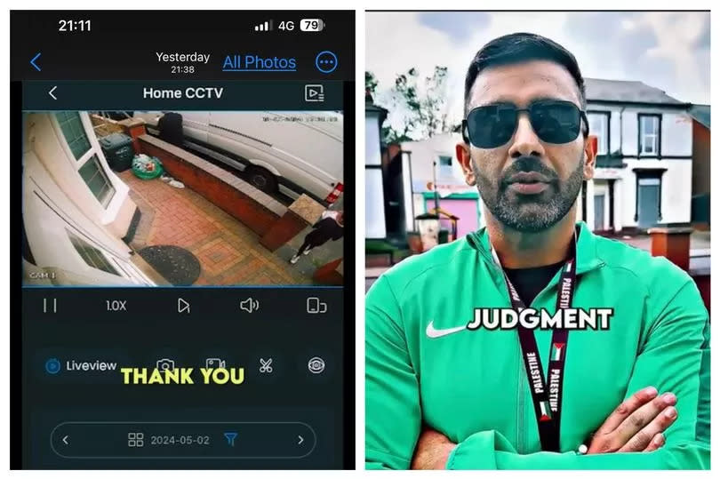 A still from the viral video and, right, Akhmed Yakoob promoting it to his followers on TikTok