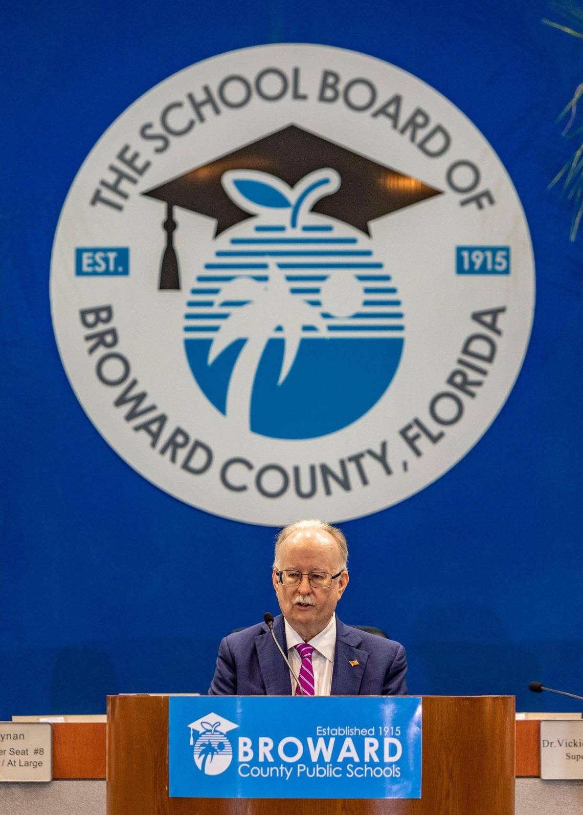 Kevin Tynan, one of the four new Broward School Board members, speaks after being sworn in at the Kathleen C. Wright Administration Center in Fort Lauderdale on Tuesday, Aug. 30.