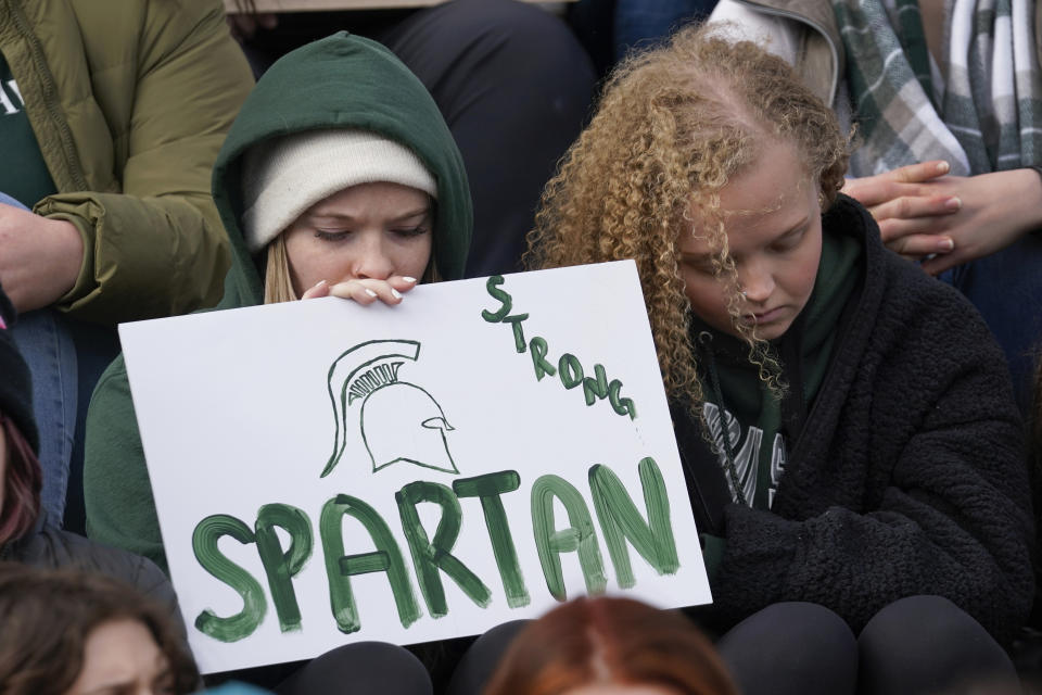 Current and former Michigan State University students rally at the capitol in Lansing, Mich., Wednesday, Feb. 15, 2023. Alexandria Verner, Brian Fraser and Arielle Anderson were killed and other students remain remain in critical condition after a gunman opened fire on the campus of Michigan State University Monday night. (AP Photo/Paul Sancya)