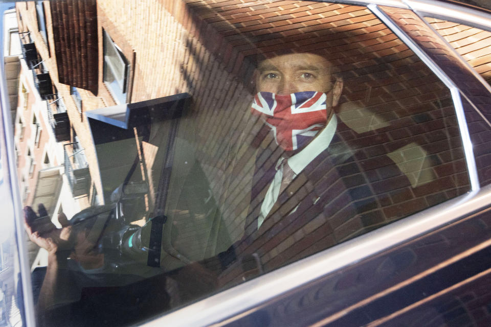 Britain's Health Minister Matt Hancock leaves the Department of Health ahead of his appearance in parliament in London Thursday May 27, 2021, to answer allegations made by former senior Downing Street aide Dominic Cummings that he lied to colleagues and performed "disastrously" during the Covid pandemic. Downing Street said on Wednesday that Hancock continued to have the confidence of the Prime Minister and the pair were "working closely" to save lives. (Victoria Jones/PA via AP)