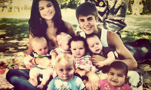 Back when they were loved up teens Justin & Selena posted this pic of themselves surrounded by a million babies to Twitter. Probably not the BEST example to set for their hordes of young fans..... PICS: Romantic Celeb Gestures