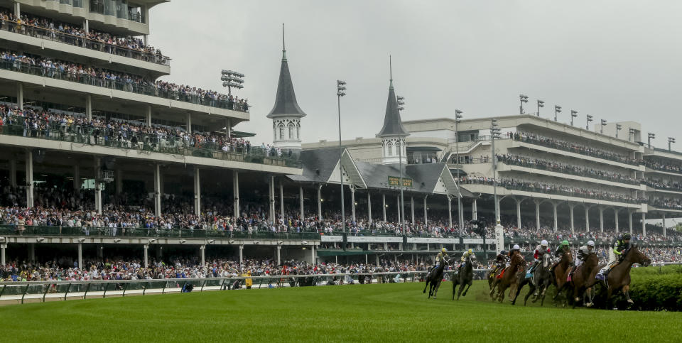 <p>Proctor’s Ledge #6, ridden by John Velazquez, wins the Longines Churchill Distaff Turf Mile on Kentucky Derby Day at Churchill Downs on May 5, 2018 in Louisville, Ky. (Photo by Mary Meek/Eclipse Sportswire/Getty Images) </p>