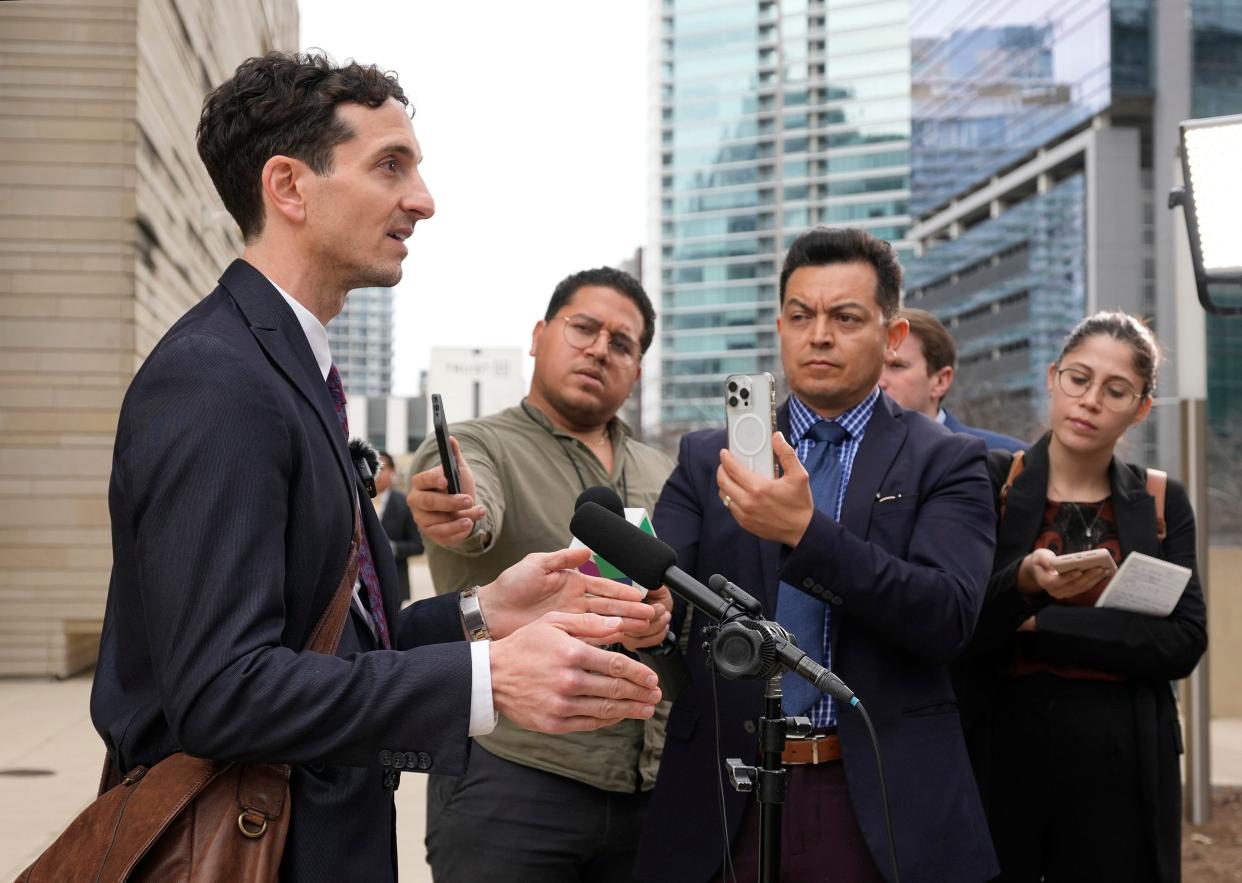 David Donatti, senior staff attorney of the ACLU of Texas, talks to reporters after a Feb. 15 court hearing in Austin about the constitutionality of SB 4.