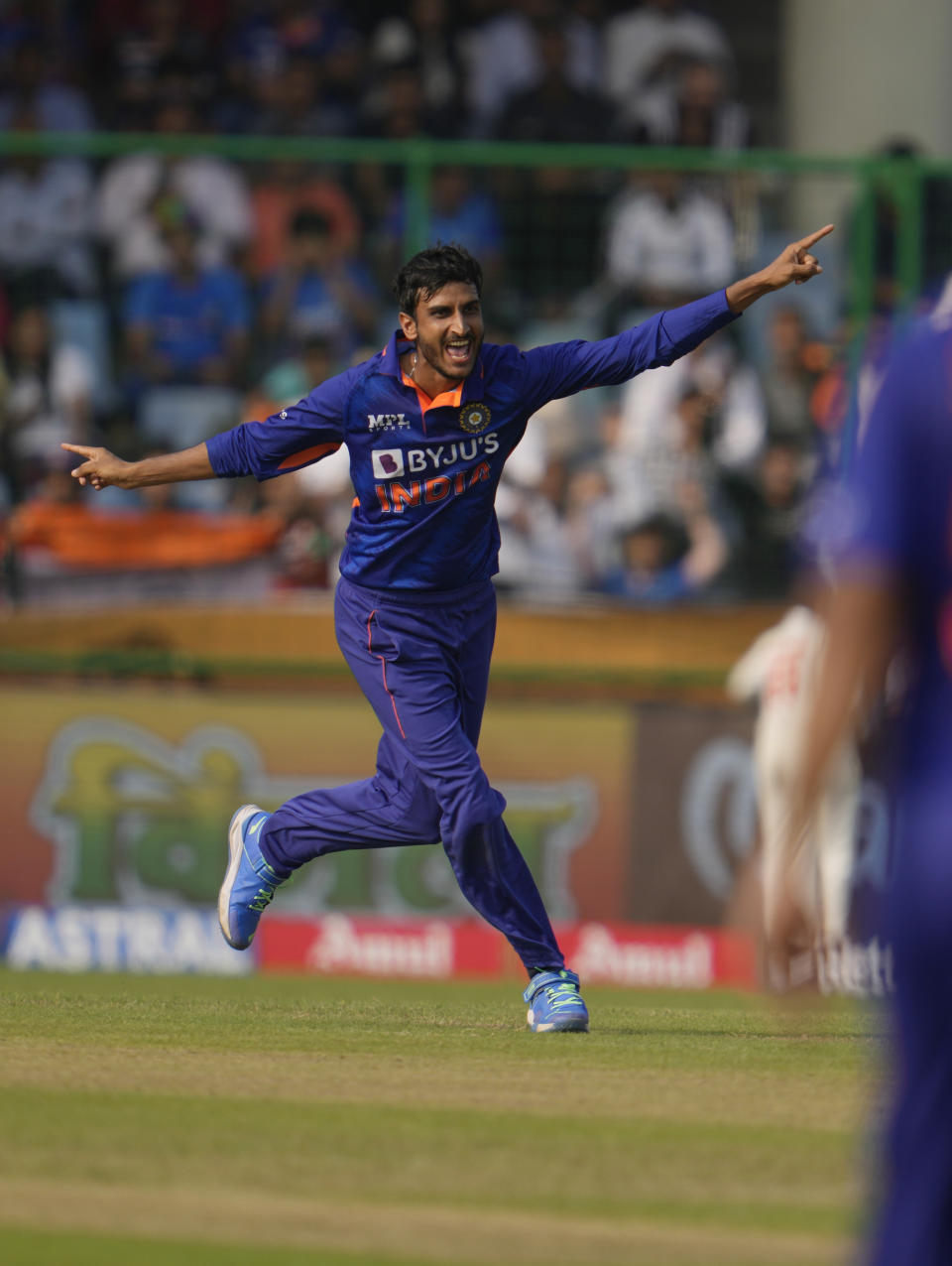 India's Shahbaz Ahmed celebrate the wicket of South Africa's Aiden Markram during the third one day international cricket match between India and South Africa, in New Delhi, India, Tuesday, Oct.11, 2022. (AP Photo/Altaf Qadri)