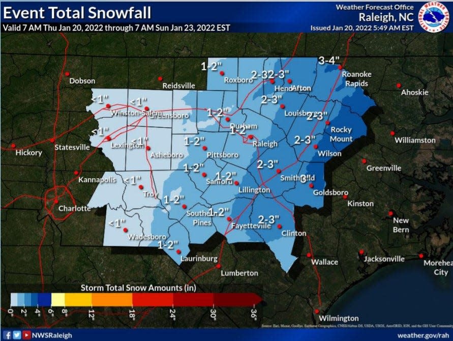 The National Weather Service in Raleigh has predicted between 1 and 3 inches of snow overnight Friday and Saturday morning.