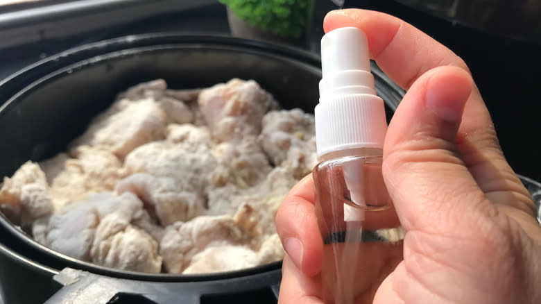 Holding cooking oil spray to air fryer