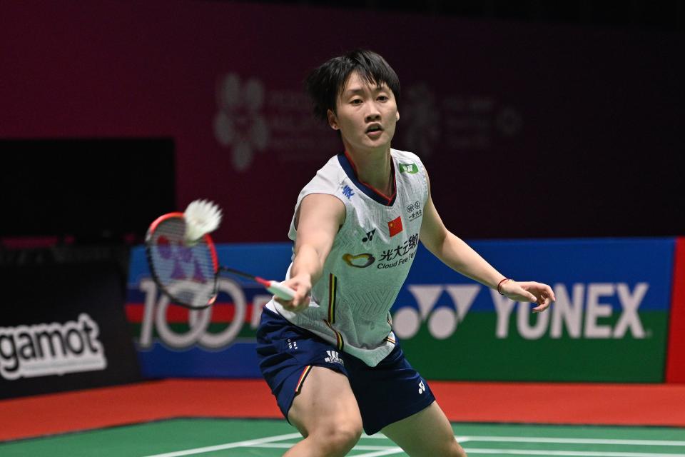 China's Chen Yufei hits a return during the women's singles final match against South Korea's An Se Young at Malaysia Masters 2022 in Kuala Lumpur, Malaysia, July 10, 2022. (Photo by Chong Voon Chung/Xinhua via Getty Images)