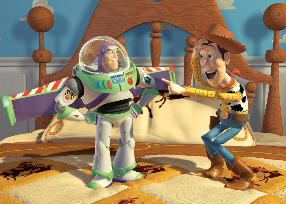 <a href="http://movies.yahoo.com/movie/toy-story/" data-ylk="slk:TOY STORY;elm:context_link;itc:0;sec:content-canvas" class="link ">TOY STORY</a> (1995) <br>Directed by: <span>John Lasseter</span> <br>Starring: <span>Tom Hanks</span>, <span>Tim Allen</span> and <span>Don Rickles</span>