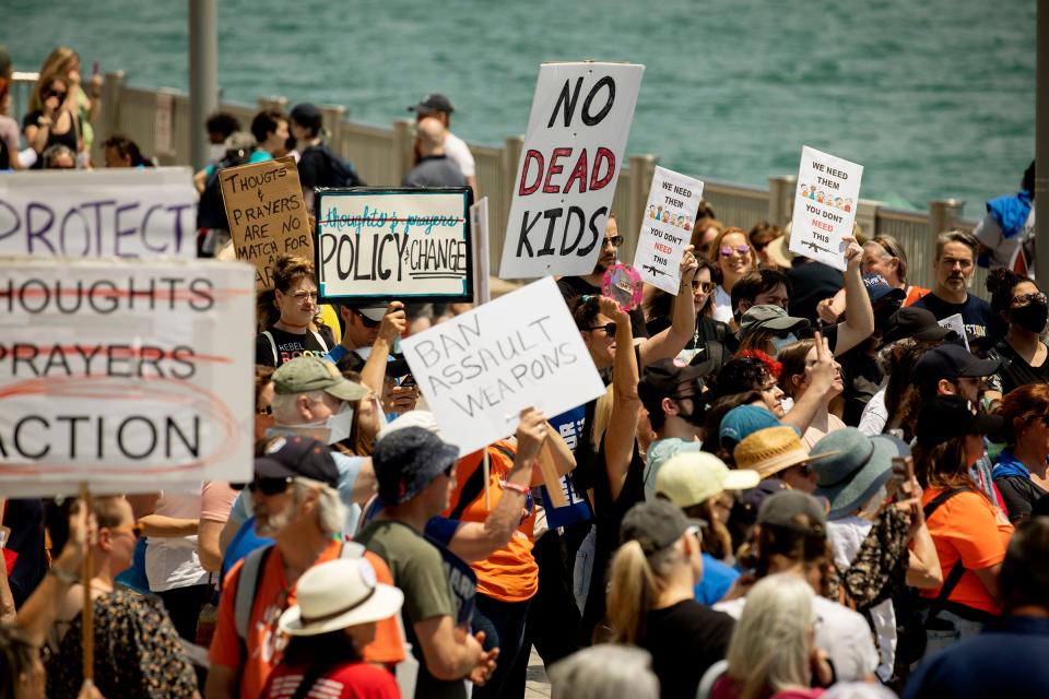 People fill Detroit Cities Riverfront on Saturday, June 11, 2022, as they listen to speakers and march in the March for Our Lives Detroit event. Speakers came to the microphone one by one and demanded that lawmakers enact gun control laws to keep these tragedies from happening again.