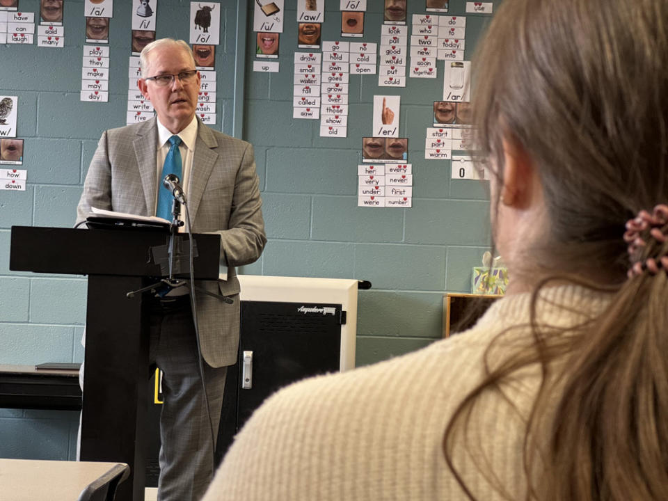 Nebraska Education Commissioner Brian Maher announces the Westside district in Omaha as the third district to participate in a statewide pilot program for apprenticing paras who want to become teachers. (Aaron Sanderford/Nebraska Examiner)