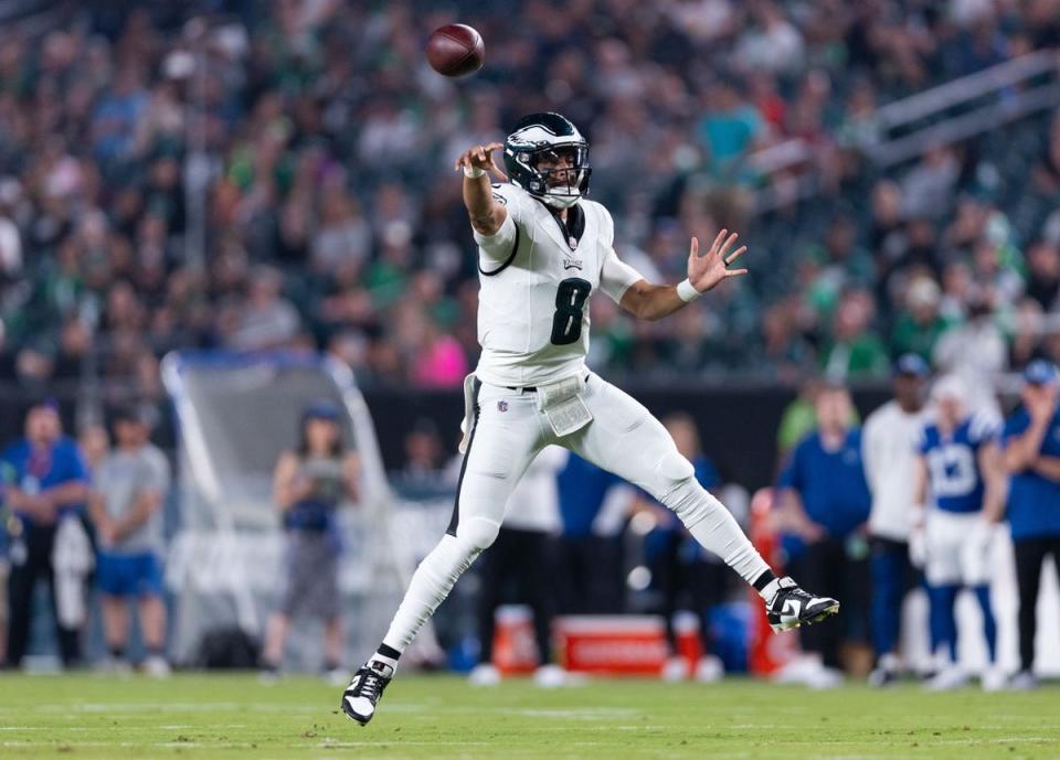 Aug 24, 2023; Philadelphia, Pennsylvania, USA; Philadelphia Eagles quarterback Marcus Mariota (8) passes the ball against the Indianapolis Colts during the first quarter at Lincoln Financial Field. Mandatory Credit: Bill Streicher-USA TODAY Sports