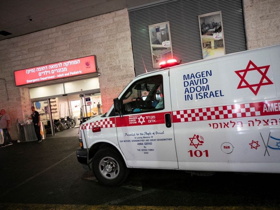An ambulance arrives at a hospital in Ashkelon, south Israel