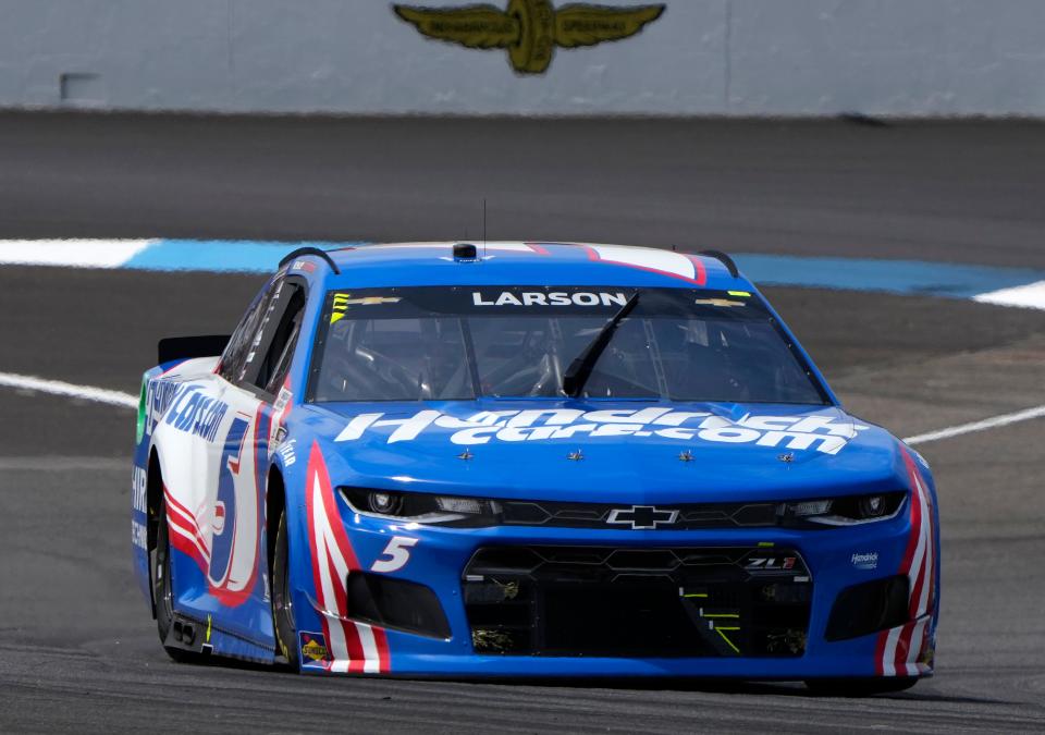 Kyle Larson races on the road course at Indianapolis Motor Speedway during NASCAR's Verizon 200 at the Brickyard on Aug. 15, 2021.