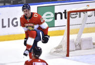 Florida Panthers left wing Mason Marchment (17) celebrates a goal against the Boston Bruins during the first period of an NHL hockey game Wednesday, Oct. 27, 2021, in Sunrise, Fla. (AP Photo/Jim Rassol)