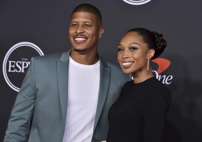 Sprinter and hurdler Kenneth Ferguson, left, and track and field runner Allyson Felix arrive at the ESPY Awards on Wednesday, July 20, 2022, at the Dolby Theatre in Los Angeles. (Photo by Jordan Strauss/Invision/AP)