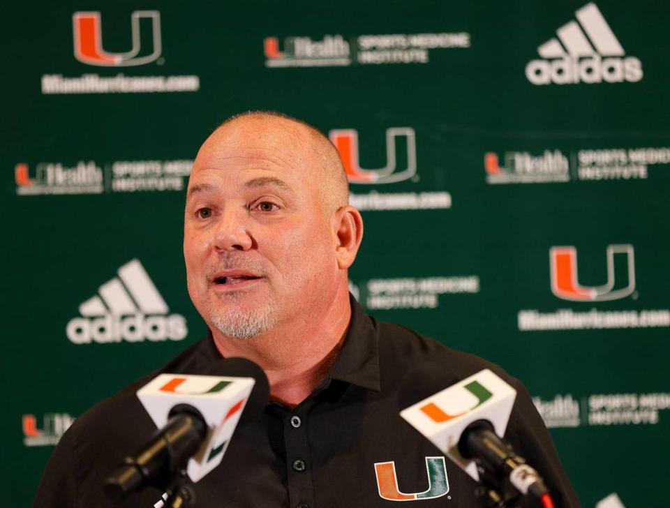 UM Hurricanes Football defensive coordinator Lance Guidry takes questions during a press conference inside the Schwartz Center at the University of Miami in Coral Gables, Florida on Monday, August 28, 2023.