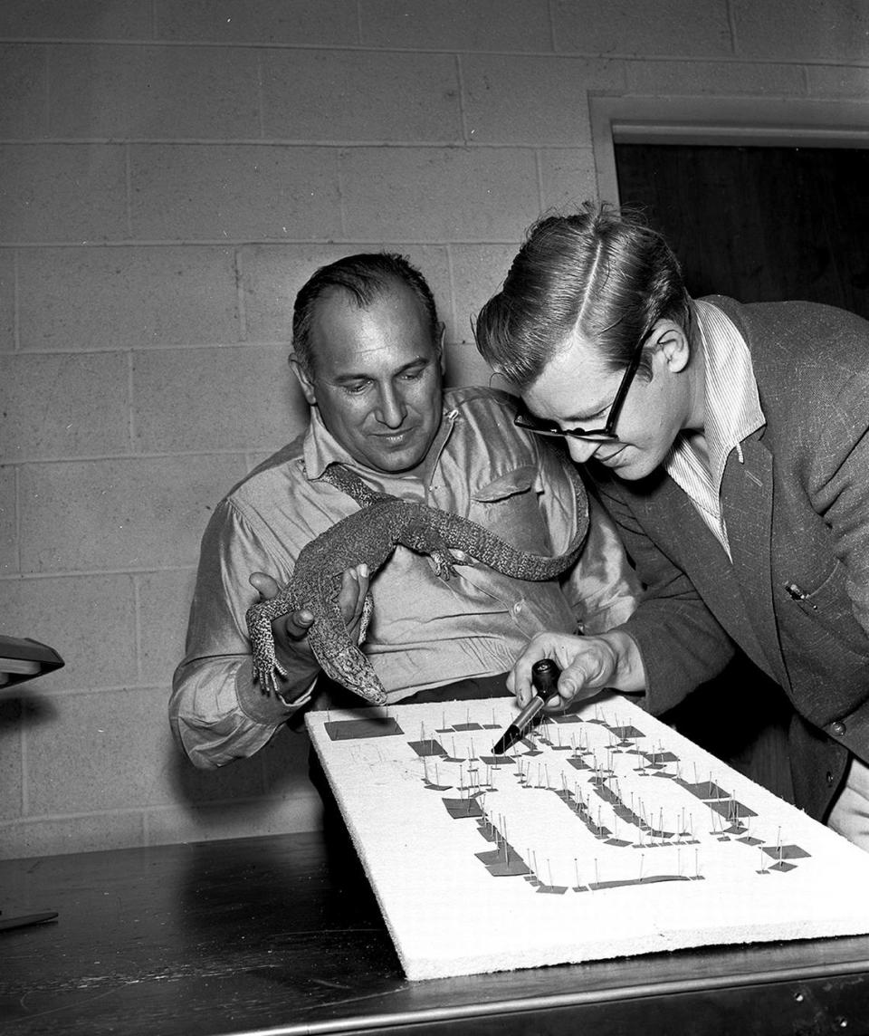 Jan. 25, 1959: Reptile house plan at Forest Park Zoo, Manuel King, left, Lawrence Curtis.