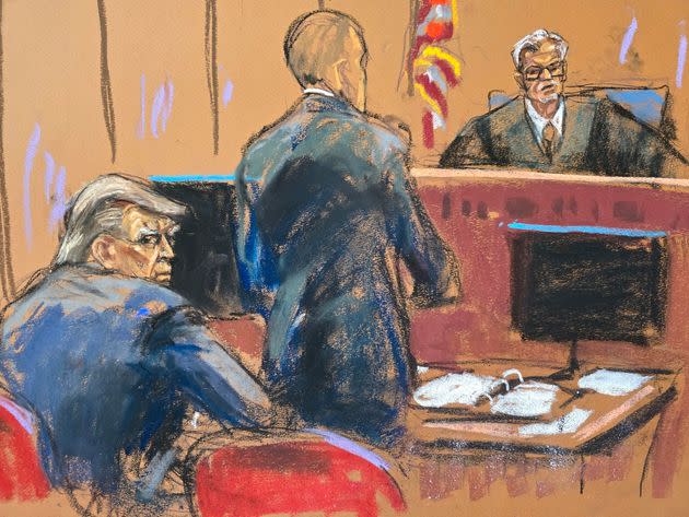 Donald Trump sits in a Manhattan courtroom in April in an artist's sketch. 