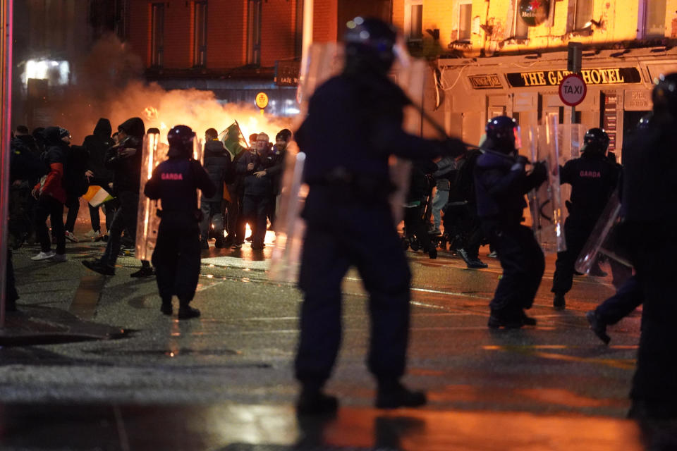 Police at the scene in Dublin as riots broke out following a stabbing incident in which five people were injured, including three young children, Nov. 23, 2023.  / Credit: Brian Lawless/PA Images via Getty Images