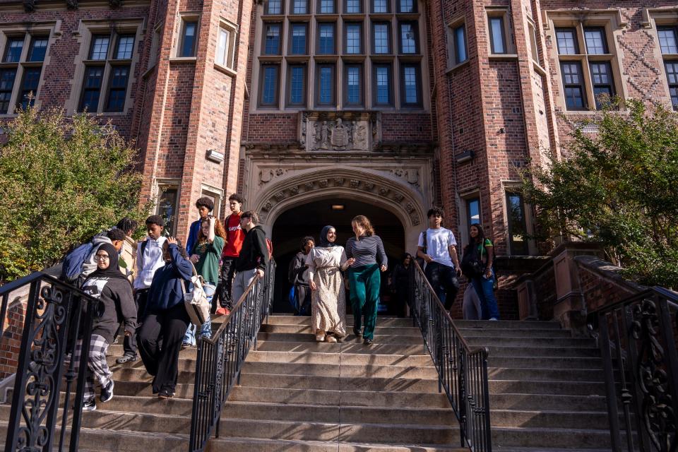 Teaneck High School students Rawda Elbatrawish and Liora Pelavin pose for photos on Friday, October 27, 2023. Elbatrawish who is Muslim and Pelavin who is Jewish organized a youth talk called "Through a Deeper Lens" to openly discuss events in Palestine and Israel.