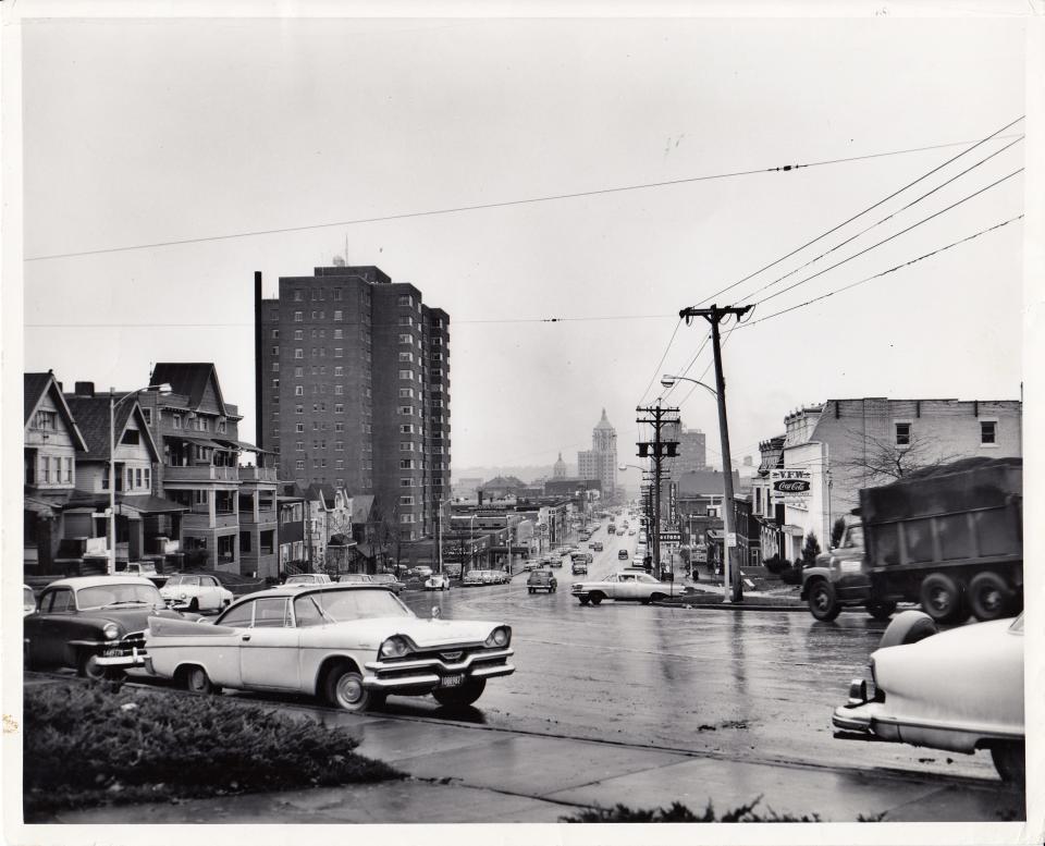 Downtown Peoria is seen from Main Street and Crescent Avenue in the 1950s.