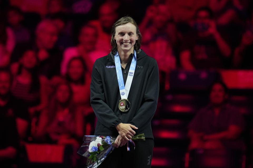 Katie Ledecky reacts after winning the Women's 400 freestyle finals Saturday, June 15, 2024, at the US Swimming Olympic Trials in Indianapolis. (AP Photo/Michael Conroy)