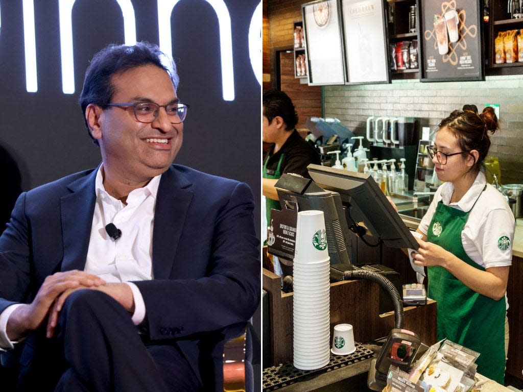 Laxman Narasimhan wurde im September 2022 zum CEO von Starbucks ernannt und übernahm im März offiziell die Leitung. - Copyright: JP Yim via Getty Images; Jeffrey Greenberg/Universal Images Group via Getty Images