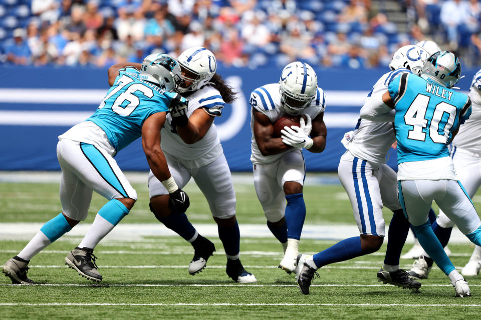 INDIANAPOLIS, INDIANA - AUGUST 15: Benny LeMay #42 of the Indianapolis Colts runs the ball during the fourth quarter in the preseason game against the Carolina Panthers at Lucas Oil Stadium on August 15, 2021 in Indianapolis, Indiana. (Photo by Justin Casterline/Getty Images)