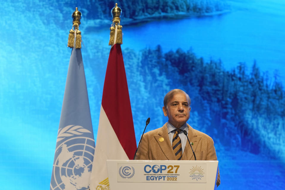 Muhammad Shehbaz Sharif, prime minister of Pakistan, speaks at the COP27 U.N. Climate Summit, Tuesday, Nov. 8, 2022, in Sharm el-Sheikh, Egypt. (AP Photo/Peter Dejong)