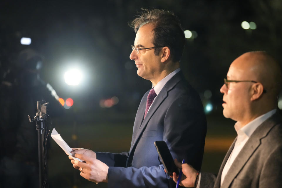 Colorado Attorney General Phil Weiser, left, speaks outside the Adams County Colo., Justice Center, after a verdict was rendered in the killing of Elijah McClain, Friday, Dec. 22, 2023, in Brighton, Colo. Two paramedics were convicted Friday in the 2019 killing of McClain, who they injected with an overdose of the sedative ketamine after police put him in a neck hold. (AP Photo/David Zalubowski)