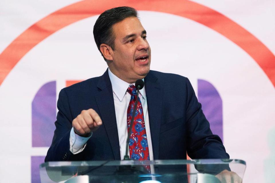 Idaho Attorney General Raúl Labrador delivers an acceptance speech during the Idaho Republican Party 2022 General Election Night Celebration in Boise, Tuesday, Nov. 8, 2022. Budget-setting lawmakers last week recommended raises for jobs in Labrador’s office, despite a market analysis determining they weren’t a priority compared to other in-demand state positions. (AP Photo/Kyle Green, File) Kyle Green/AP