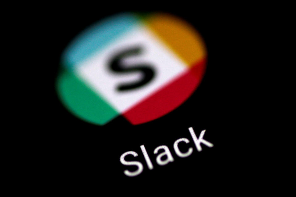 The Slack messaging application is seen on a phone screen August 3, 2017.   REUTERS/Thomas White