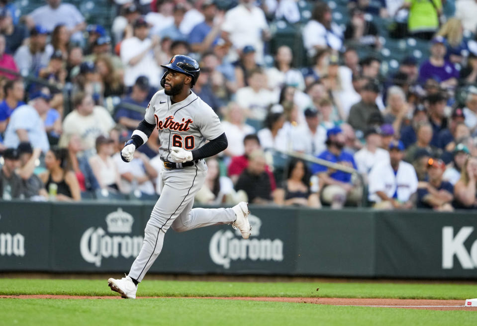 Detroit Tigers' Akil Baddoo runs the bases after hitting a home run off Seattle Mariners starting pitcher Luis Castillo during the fifth inning of a baseball game Friday, July 14, 2023, in Seattle. (AP Photo/Lindsey Wasson)