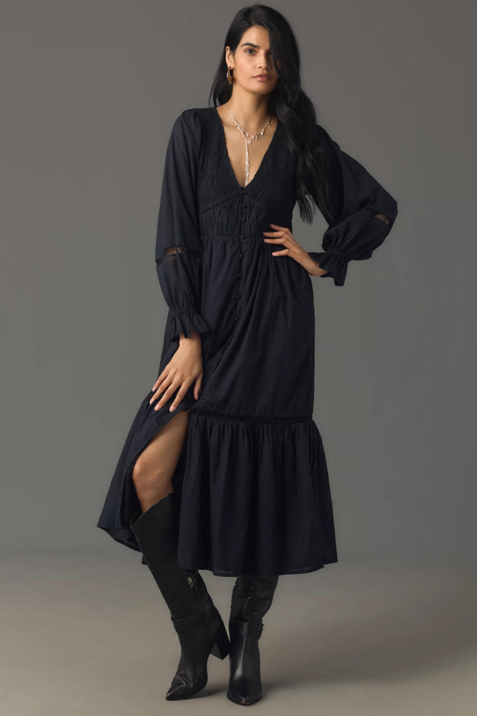 Long-Sleeve V-Neck Smocked Midi Dress