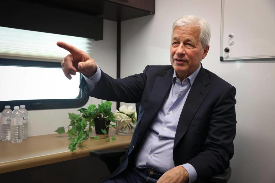 Jamie Dimon, chairman and CEO of JPMorgan Chase, talks during an interview at the Chase for Business event for small businesses in Miami on Wednesday, Feb. 8, 2023, at Miami Wharf.