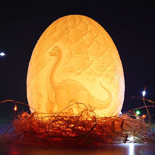 <p>This technically isn't an Easter egg, but it's close enough! This unique glowing dinosaur lamp is a giant egg! It features two pattern options and 16 colors. It charges on a magnetic charging base. </p><p><em><a href="https://www.amazon.com/Olee-Odee-Dinosaur-Chirstmas-Tyrannosaurus/dp/B0BKZF1TRP?keywords=easter%2Bgifts%2Bfor%2Bboys&qid=1677997969&sr=8-56-spons&spLa=ZW5jcnlwdGVkUXVhbGlmaWVyPUEySkZHV1lOV0tNTFJMJmVuY3J5cHRlZElkPUEwMTM4MzQyM0k4Q0VQTDgzNDIyTiZlbmNyeXB0ZWRBZElkPUEwNTUzODQyMlBXSURZUktJSkhaMSZ3aWRnZXROYW1lPXNwX210ZiZhY3Rpb249Y2xpY2tSZWRpcmVjdCZkb05vdExvZ0NsaWNrPXRydWU&th=1&linkCode=ll1&tag=parade03-20&linkId=e4b02faaa4faf058e66f00ed5571b458&language=en_US&ref_=as_li_ss_tl" rel="nofollow noopener" target="_blank" data-ylk="slk:16 Color Dinosaur Egg Lamp, $19.99 on Amazon;elm:context_link;itc:0;sec:content-canvas" class="link ">16 Color Dinosaur Egg Lamp, $19.99 on Amazon</a></em></p><p>Amazon</p>